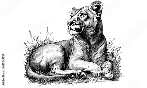 Lioness Resting, Vintage Wild Cat Engraving, Rustic Safari Animal Art, Monochrome Line Drawing, Hand-drawn Wildlife Sketch, Old Illustration Style, Retro Nature Wall Print