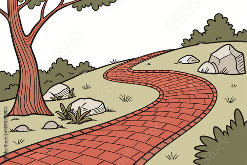 75 red gravel path, winding road, curved path, pebble pathway, inviting journey, scenic landscape, tranquil atmosphere, natural elements, outdoor setting, captivating perspective