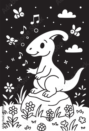 Cute Cartoon Dinosaurs in Prehistoric Landscape for Coloring Book