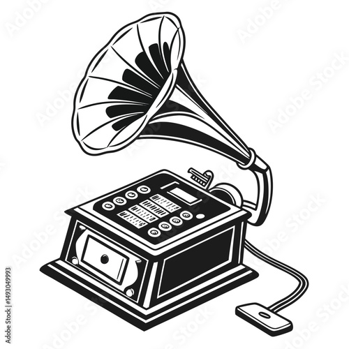 Black and white illustration of a vintage gramophone with a foot pedal