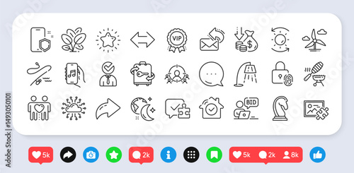 Star, Music app and Fishing rod line icons pack. Social media: share, comment, like icons. Fish grill, Spinach, Vacancy web icon. Puzzle, Fingerprint lock, Sync pictogram. Vector