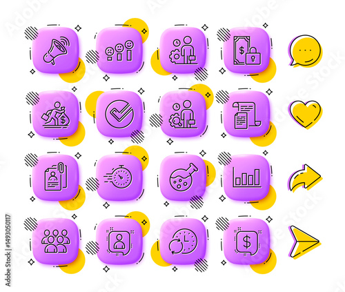 Salary, Interview documents and Update time line icons. App 3d buttons. Social media comment, share, like icons. Pack of Megaphone, Report diagram, Group icon. Vector