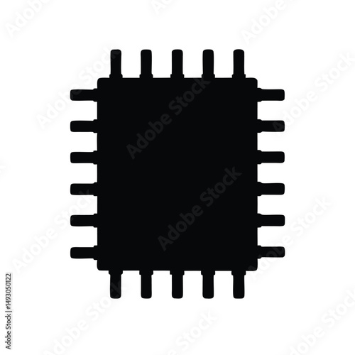 Black and white image of a chip component with connection pins around