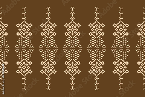 Fabric pattern traditional ethnic motif ikat geometric cross stitch.Ikat embroidery Ethnic oriental Pixel brown color label background. Abstract,vector. Texture,decoration,wallpaper.