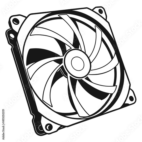 Black and white line drawing illustration of a computer cooling fan unit