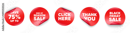 Discount sticker tag. Season sale, Black friday paper price banners. Save up to 75 percent. Discount Sale offer price sign. Special offer symbol. Thank you sticker. Vector