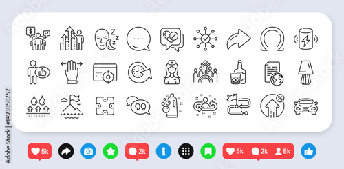 Medical drugs, Sleep and Loan percent line icons pack. Social media: share, comment, like icons. Seo targeting, Hospital nurse, Clean bubbles web icon. Vector