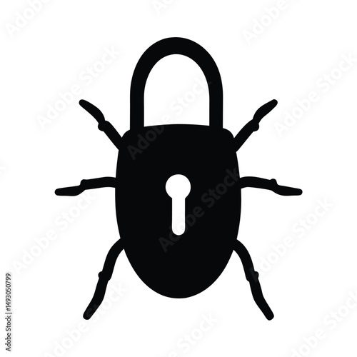 Black padlock with bug leg appendages, cybersecurity concept illustration on white background