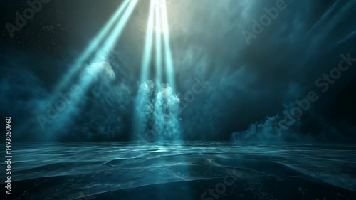 Dramatic, moody scene with ethereal blue lighting slicing through swirling smoke and mist, creating a mysterious, atmospheric backdrop