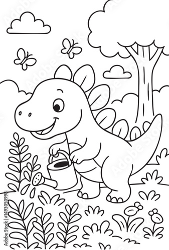Cute Cartoon Dinosaurs in Prehistoric Landscape for Coloring Book
