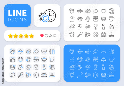 Dishes, Spoon and Wash hand line icons for web app. Message, Share, Like social media icons. Pack of Washing cleanser, Glass, Cleaning mop pictogram icons. Spray, Clean hands, Tea cup signs. Vector
