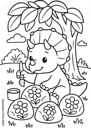Cute Cartoon Dinosaurs in Prehistoric Landscape for Coloring Book