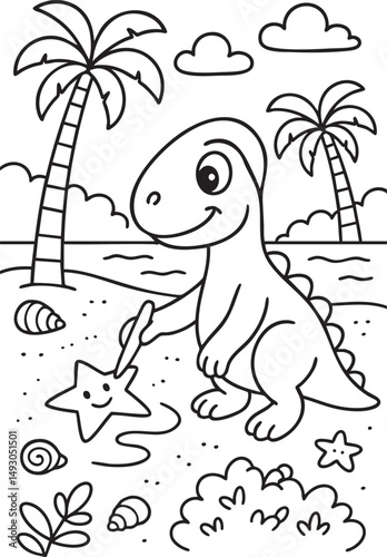 Cute Cartoon Dinosaurs in Prehistoric Landscape for Coloring Book