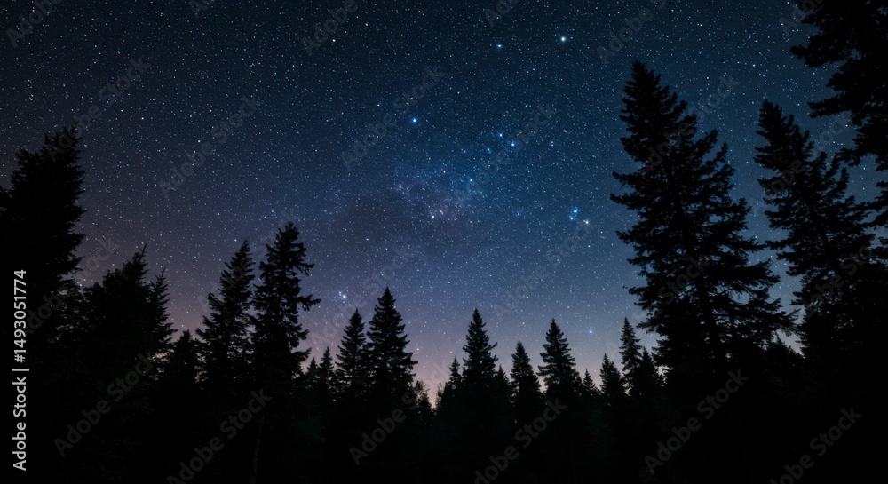 Fototapeta premium Majestic night sky ablaze with stars, the Milky Way visible above a dark silhouette of pine trees