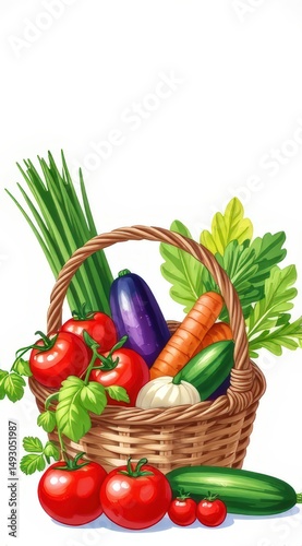 Harvesting fresh vegetables from a rustic basket nature setting digital illustration colorful display