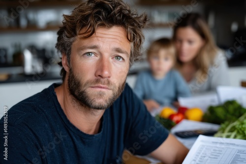 A serious-looking man studies documents on a table while a child and a woman are softly blurred in the background, indicating a blend of family life and personal responsibilities.