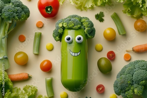 Whimsical Vegetable Character Surrounded by Fresh Produce Items