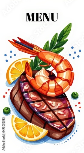 Delicious seafood and steak menu restaurant food illustration vibrant colors top view culinary art