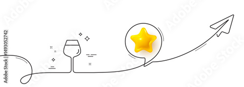 Wine glass line icon. Continuous line with share plane. Bordeaux glass sign. 3d star in speech bubble. Bordeaux glass single line ribbon. Loop curve pattern. Vector