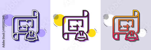 Engineering plan line icon. Halftone dotted pattern. Gradient icon with grain shadow. Technical documentation sign. Construction helmet symbol. Line engineering plan icon. Various designs. Vector