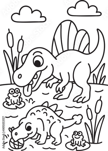 Cute Cartoon Dinosaurs in Prehistoric Landscape for Coloring Book