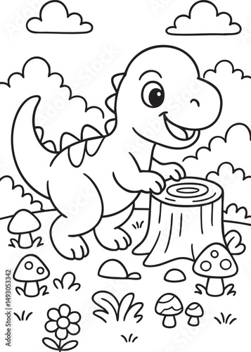 Cute Cartoon Dinosaurs in Prehistoric Landscape for Coloring Book