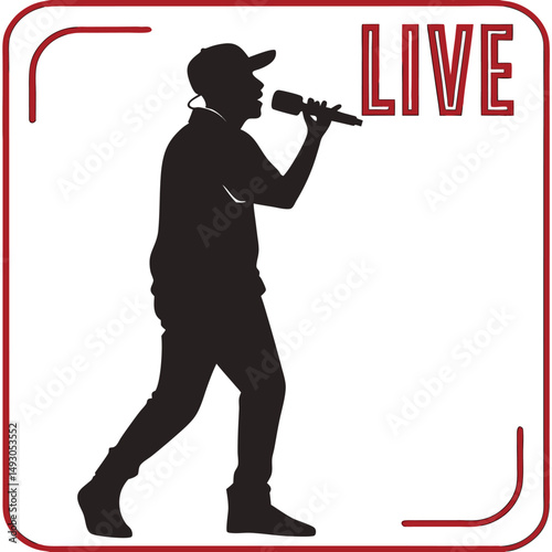 Silhouette of a rapper or singer holding a microphone in one hand and a smartphone in the other, performing or recording
