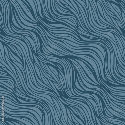 Vector seamless pattern with organic shapes, liquid wavy lines, fibers, threads, biological structures. Abstract diagonal tangled line background. Natural blue texture. Repeated all-over geo design
