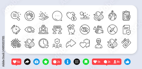 Pandemic vaccine, Donation and Difficult stress line icons pack. Social media: share, comment, like icons. Chlorine mineral, Blood, Skin condition web icon. Vector