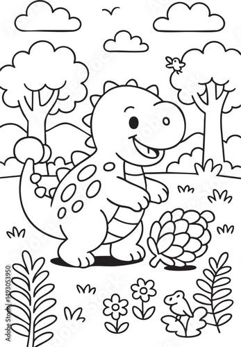 Cute Cartoon Dinosaurs in Prehistoric Landscape for Coloring Book