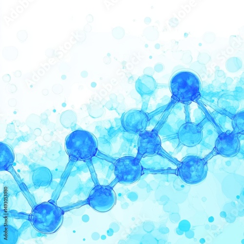 Abstract watercolor rendering of molecular structure in blue hues for science or medical illustration background