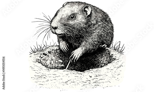Mole Digging Underground, Vintage Earth Fauna Etching, Monochrome Animal Line Art, Rustic Nature Drawing, Hand-drawn Wildlife Illustration, Black sketch, old engraving style