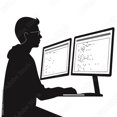 Person working intensely on computer programming with dual monitors displaying code, representing software development and coding activities