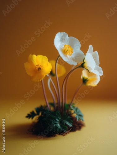Close-up studio shot of white and yellow anemone flowers against a warm brown backdrop, showcasing delicate petals and vibrant colors
