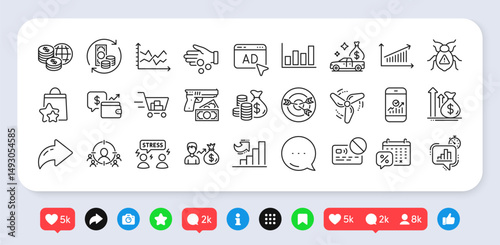 Loyalty points, Statistics timer and Software bug line icons pack. Social media: share, comment, like icons. Donation money, Difficult stress, Chart web icon. Robbery, Card, Budget pictogram. Vector