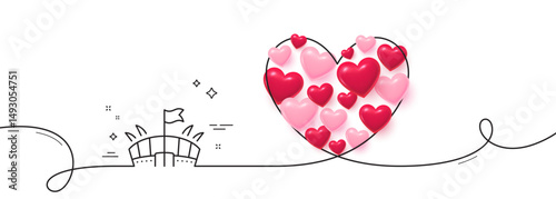 Sports stadium line icon. Continuous line big heart. Arena with flag sign. Sport complex symbol. 3d hearts in heart shaped loop. Arena single line ribbon. Loop curve pattern. Vector