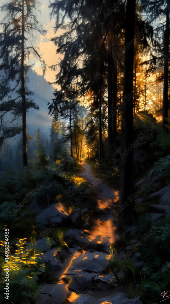 Fototapeta premium a dreamy forest path illuminated by golden sunset, warm tones, oil painting texture, soft painterly style