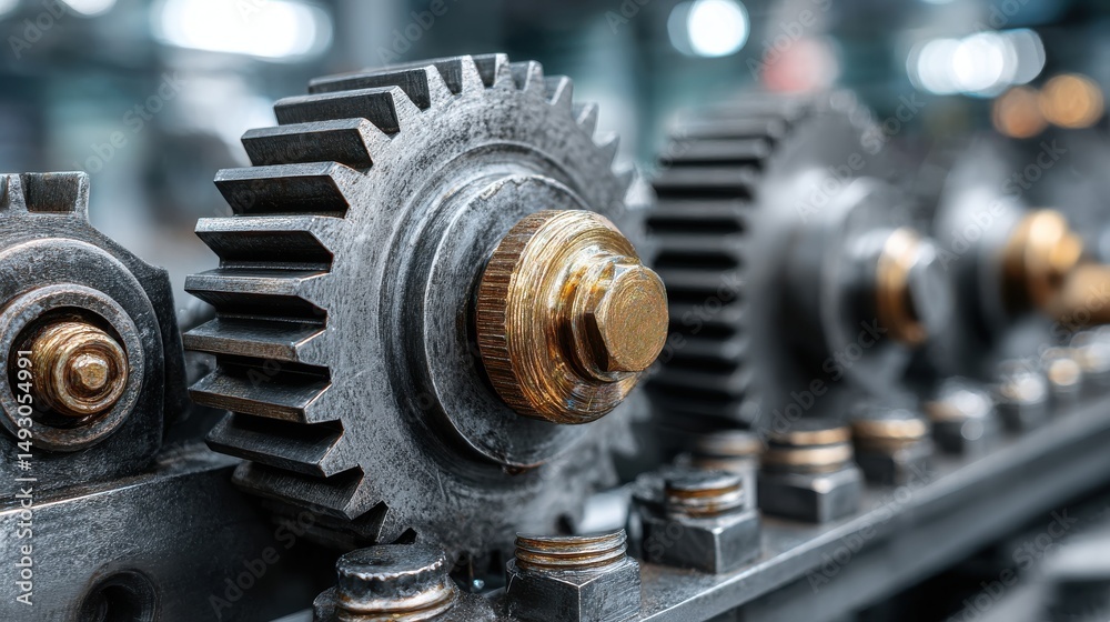 A stunning image of close-up of industrial machinery metal gear with bolts and nuts in a factory setting. A stunning image of close-up of industrial machinery metal gear with bolts and nuts in a factory setting.