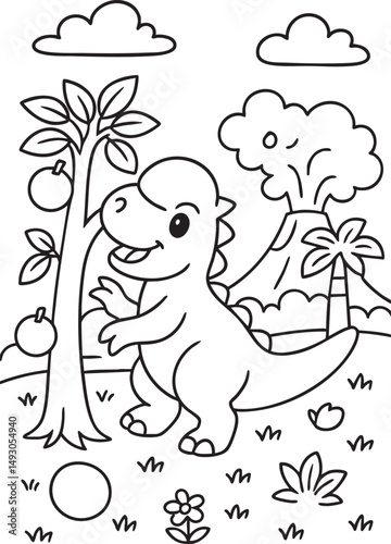 Cute Cartoon Dinosaurs in Prehistoric Landscape for Coloring Book