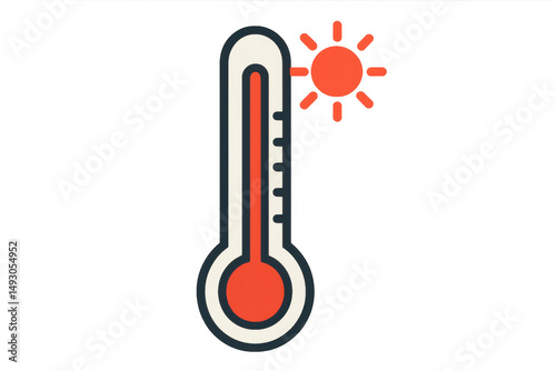 Bright red thermometer measuring high temperature beneath glowing sunlight on transparent backdrop