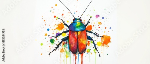 Vivid Watercolor Cockroach Illustration on White Background Close Up; Colorful Insect Art with Splatters and Drips; Artistic Rendition of a Common Pest