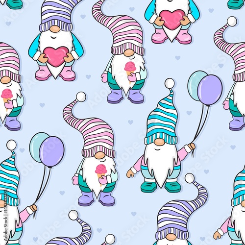 Gnome in a hat with stripe, a ice cream and heart. Fairytale leprechauns characters for children's cards and invitations pattern design