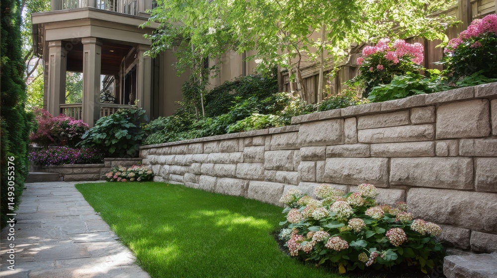 Naklejka premium A stunning image of landscaping with retaining walls and flowerbeds in residential house backyard.