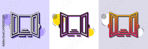 Open door line icon. Halftone dotted pattern. Gradient icon with grain shadow. Entrance doorway sign. Building exit symbol. Line open door icon. Various designs. Vector