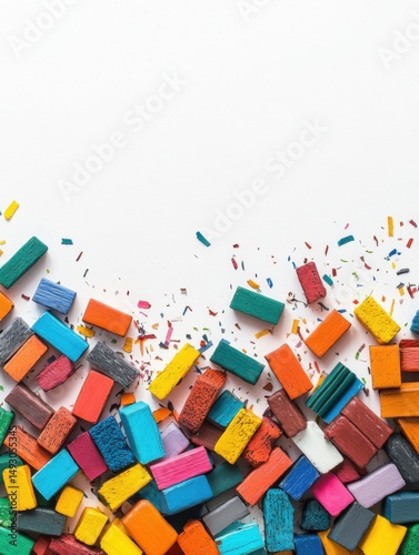 Colorful wooden blocks scattered on white background overhead flat lay studio shot for art education or creative play