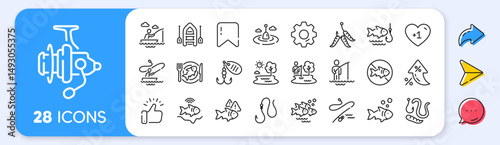Fishing line icons. Interest rate, AI generate, Inflation icons. Inflatable boat, Worms or Maggot bait and Fishing rod set. Float bobber, echo sounder and hook with worms line icons. Vector