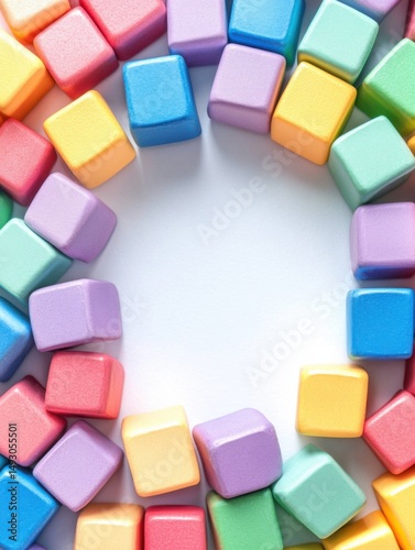 Colorful Wooden Blocks Arranged in Circle on White Background Overhead Shot Educational Toy Concept