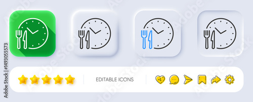 Food time line icon. Neumorphic, Flat shadow, 3d buttons. Meal order clock sign. Restaurant opening hours symbol. Line food time icon. Social media icons. Vector