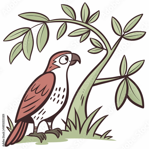 Tropical parrot illustration on a flowering tree branch, showcasing colorful bird art with leaves and feathers