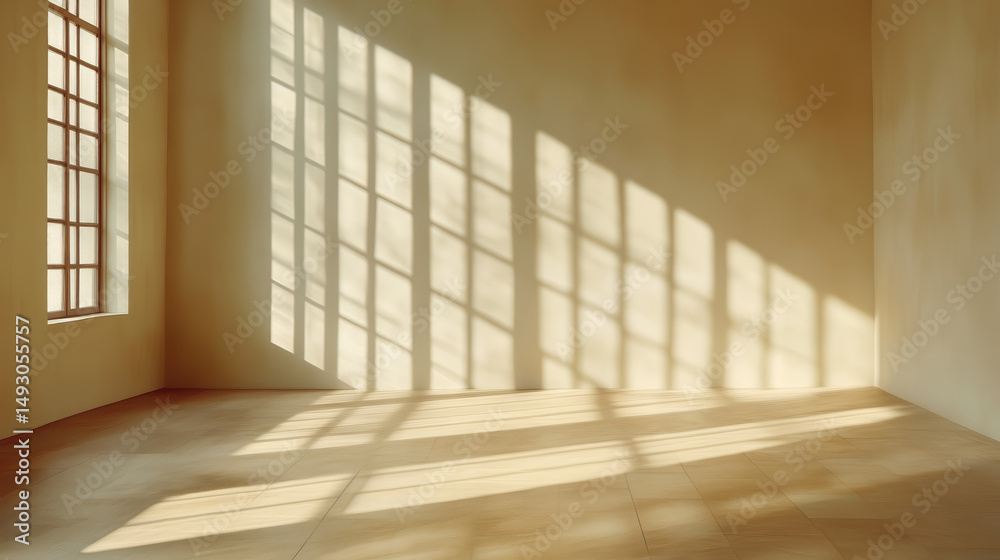 Obraz premium Sunlight streams through large windows, casting shadows on a light-beige room
